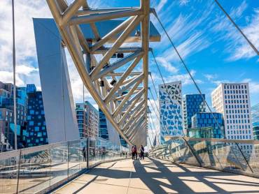 Akrobaten Fugngerbrcke im Barcode District